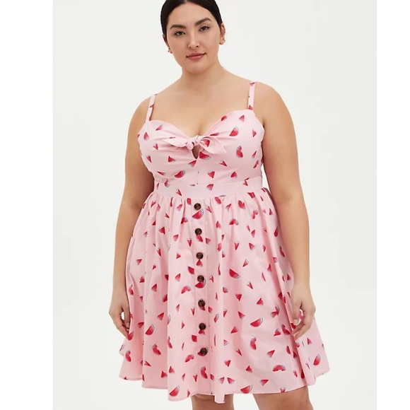 TORRID NWT PINK WATERMELON TIE FRONT SKATER DRESS - Picture 4 of 7